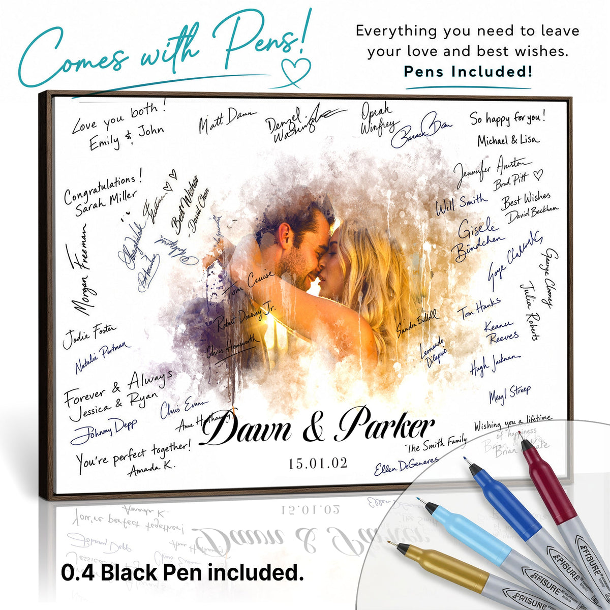 Ink Splash Wedding Guest Book Canvas, Personalized Couple Photo Sign