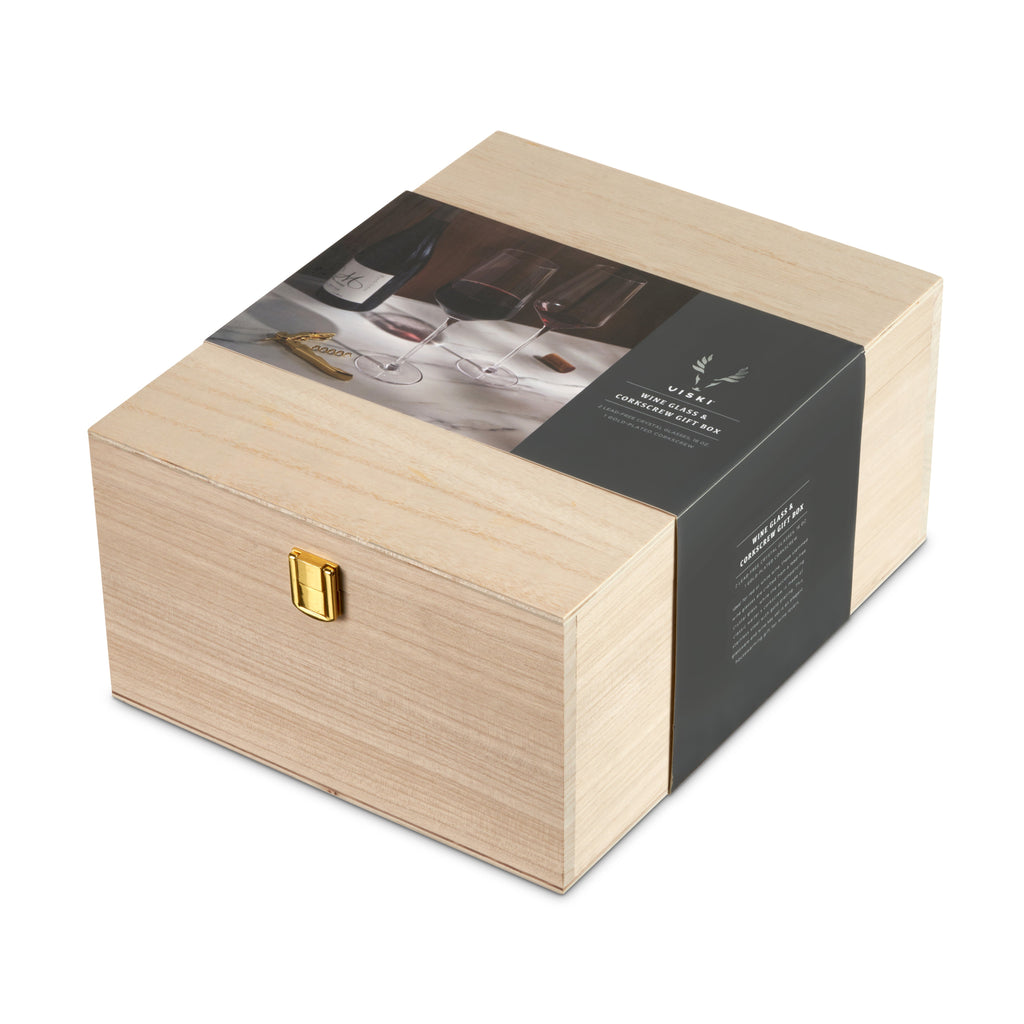 Crystal Bordeaux Glasses & Gold Corkscrew Gift Box Set
