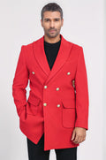 Metal Buttoned Double Breasted Burgundy Men Coat - Wessi