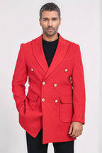 Metal Buttoned Double Breasted Burgundy Men Coat - Wessi