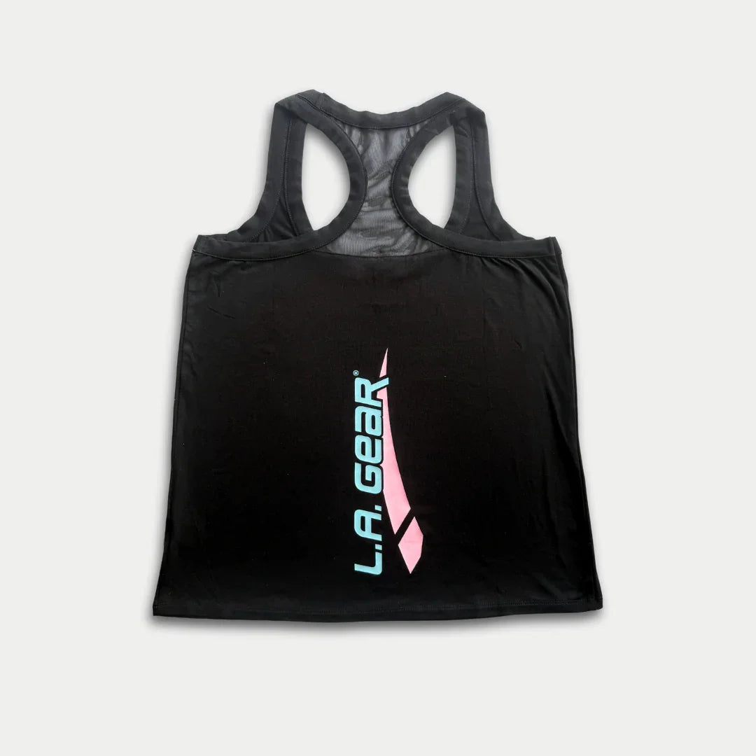 LA Gear Women’s Racerback Tank | Black with Aqua x Pink Logo