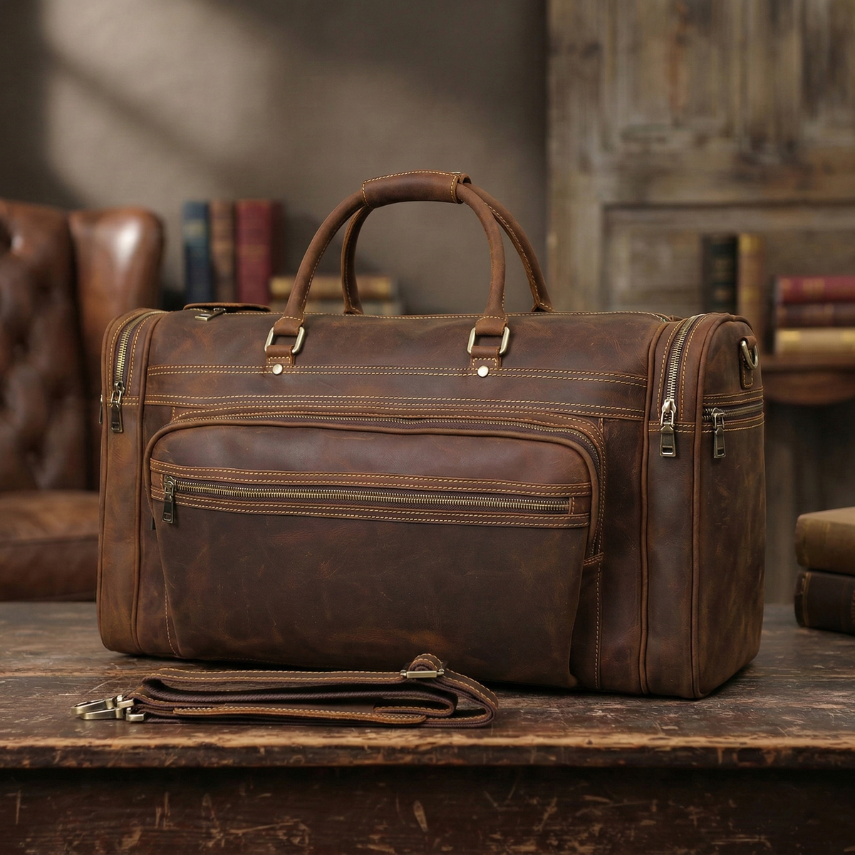 Rockcow Men's Handmade Full-Grain Leather Duffle, Premium Weekender