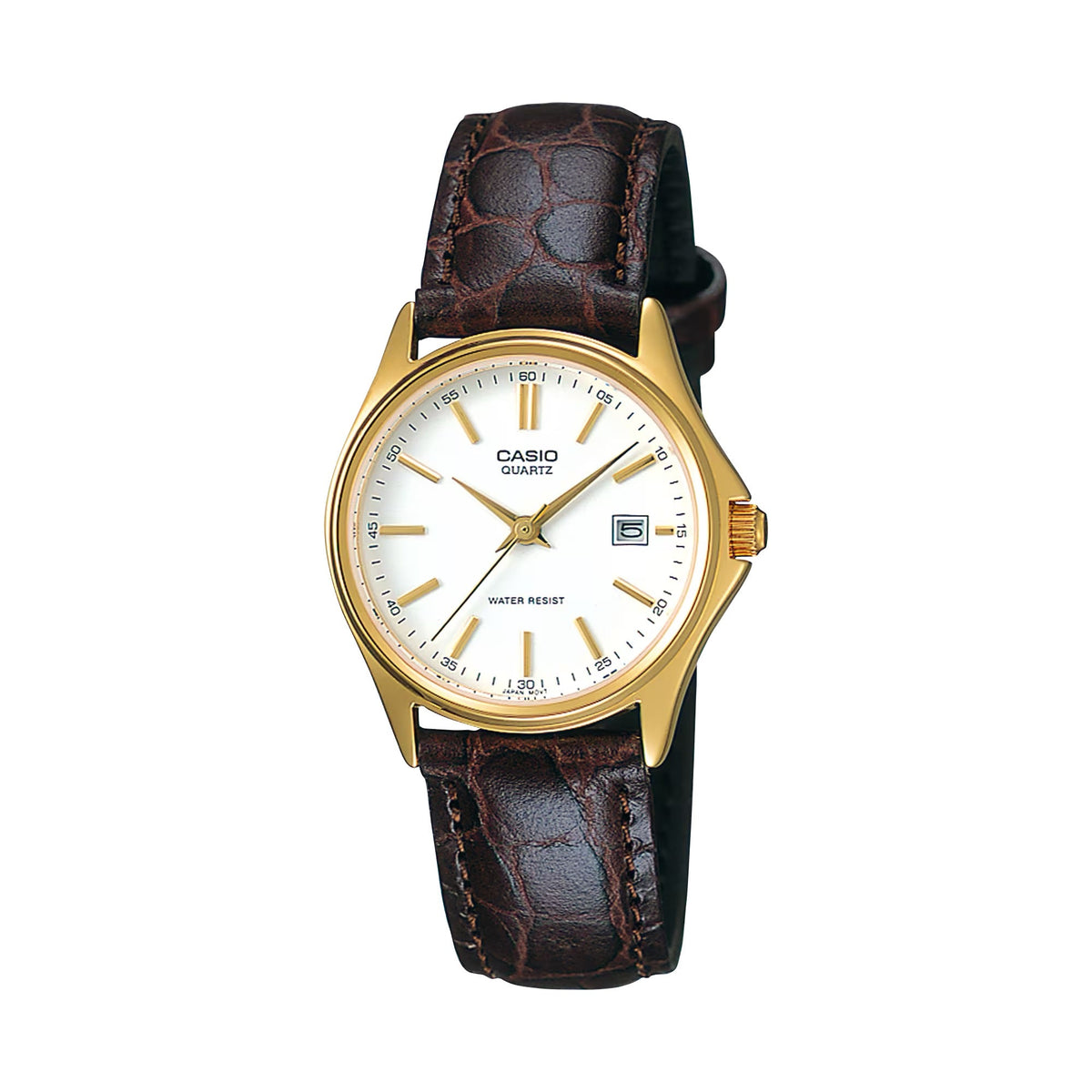 Casio Women's White Dial Brown Leather Strap Gold-Tone Watch - LTP-1183Q-7A