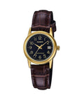 Casio Women's Gold Watch with Black Dial and Brown Leather Band - LTP-V002GL-1B