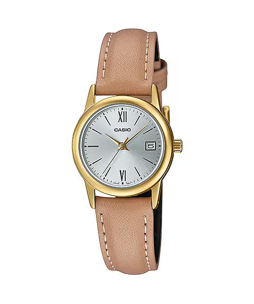 Casio Women's Beige Leather Watch with Silver Dial - LTP-V002GL-7B3UDF