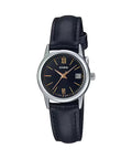 Casio Women's Black Leather Watch with Black Dial and Gold Markers - LTP-V002L-1B3