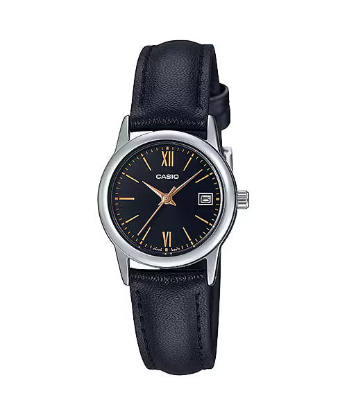 Casio Women's Black Leather Watch with Black Dial and Gold Markers - LTP-V002L-1B3