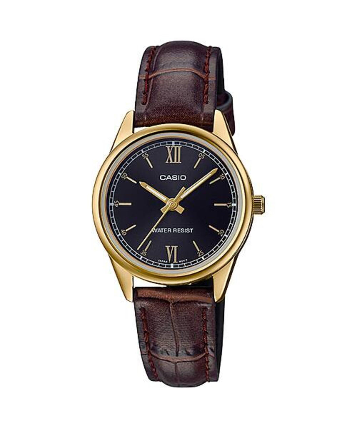 Casio Women's Gold-Tone Analog Watch with Black Dial & Brown Leather Band - LTP-V005GL-1B2UDF