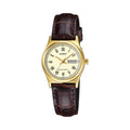 Casio Women's Gold-Tone Case Brown Leather Strap Day/Date Watch - LTP-V006GL-9BUDF