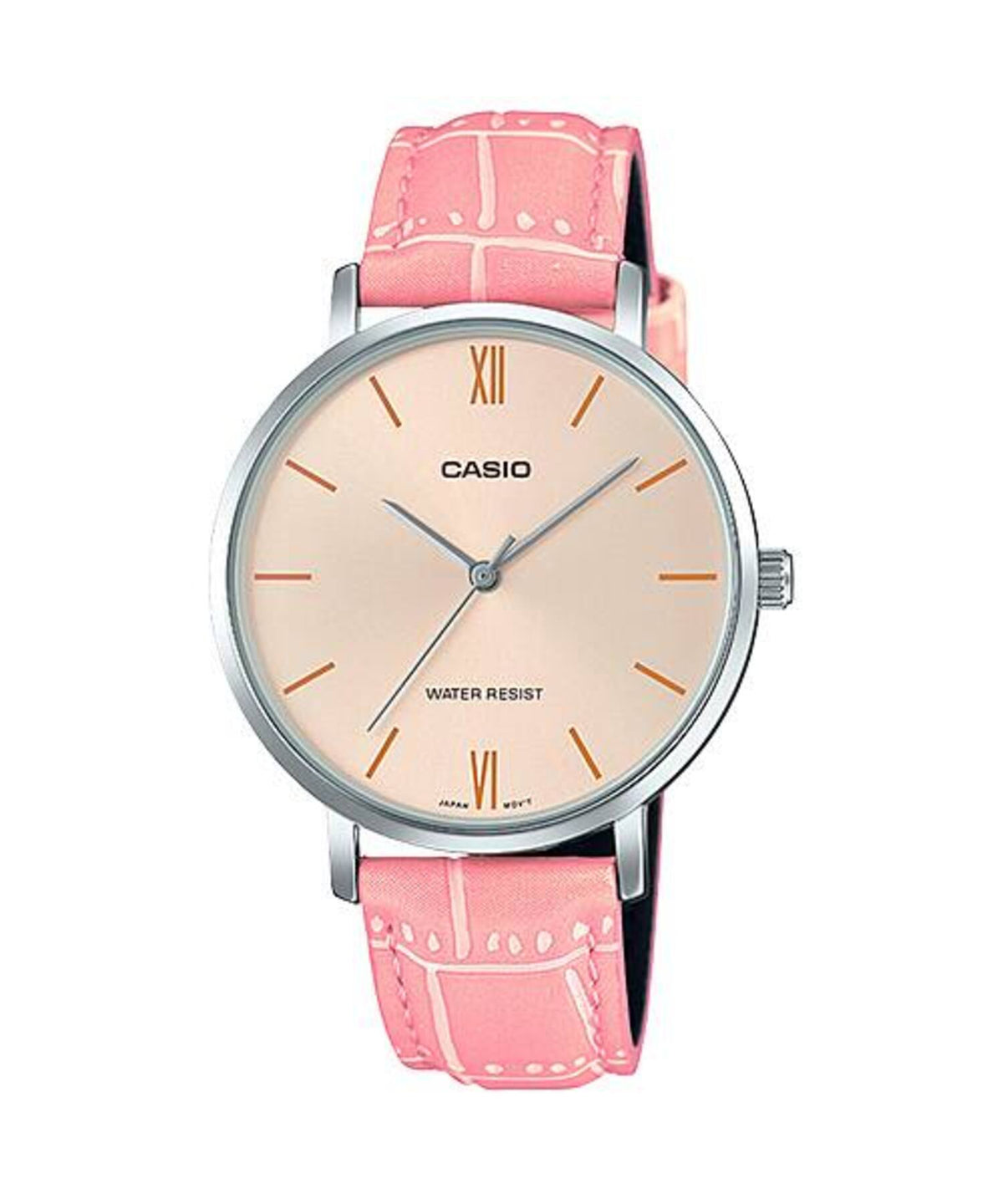 Casio Women's Pink Leather Strap Champagne Dial Analog Watch - LTP-VT01L-4BUDF