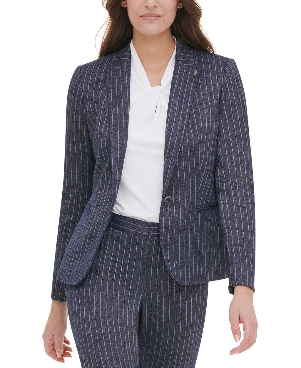 Tommy Hilfiger Women's Pinstripe Peak-Lapel Blazer Navy Size 14