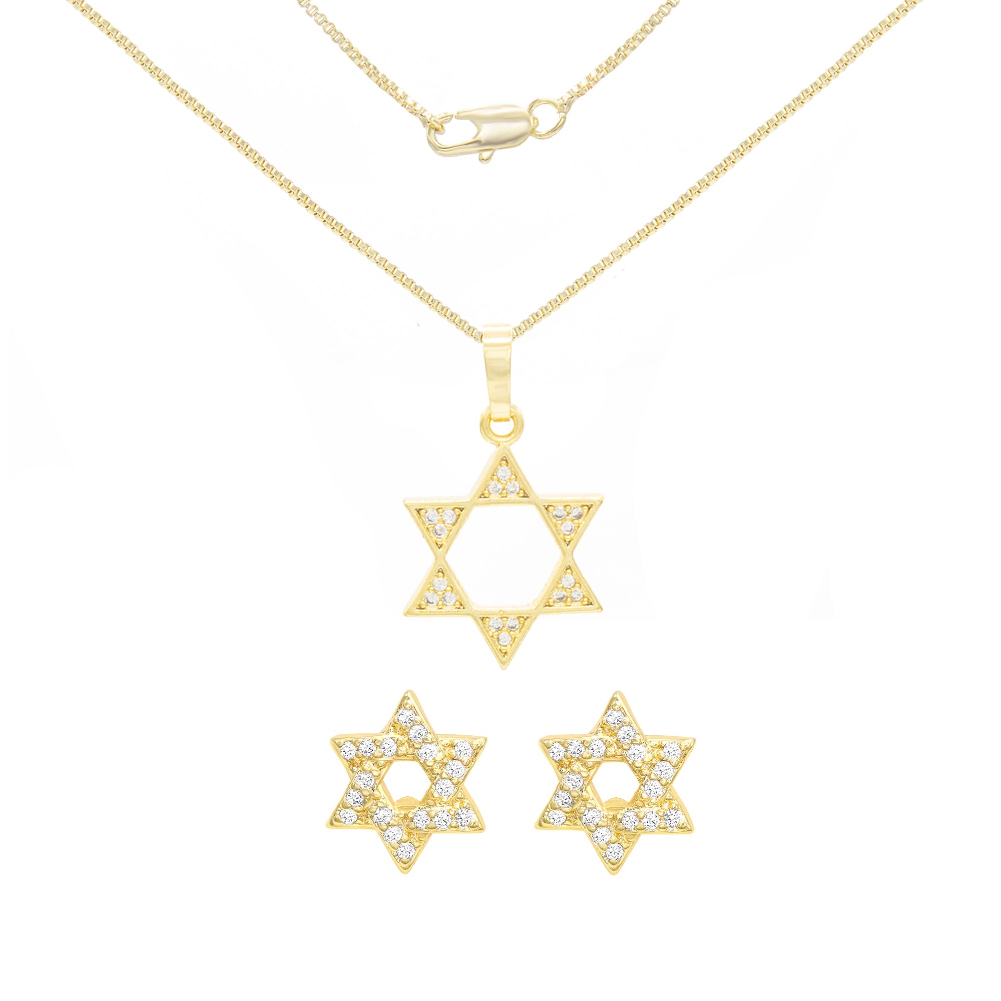 Cubic Zirconia Satr Of David Pendant 14K Gold Filled Box Necklace Stud Earrings Jewelry Set