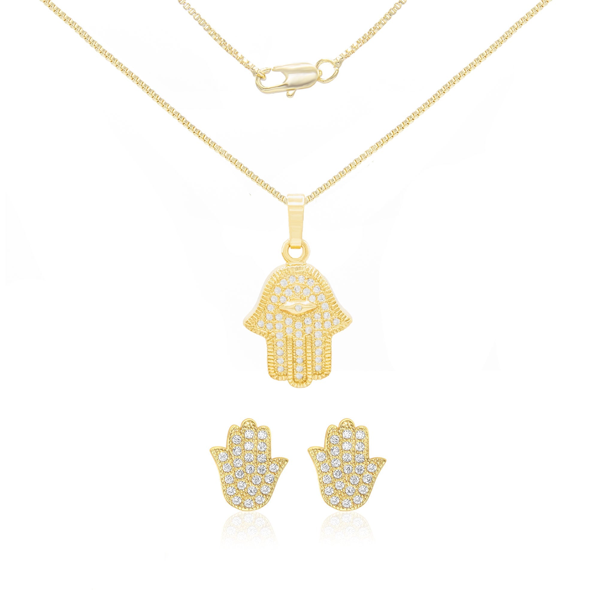 Cubic Zirconia Hamsa Hand Pendant 14K Gold Filled Box Necklace Stud Earrings Jewelry Set