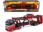 Mercedes-Benz Actros Open Car Hauler Red and Black with White Stripes and 1990 Mercedes-Benz 190E Red "Transporters" Series 1/64 Diecast Models by Maisto