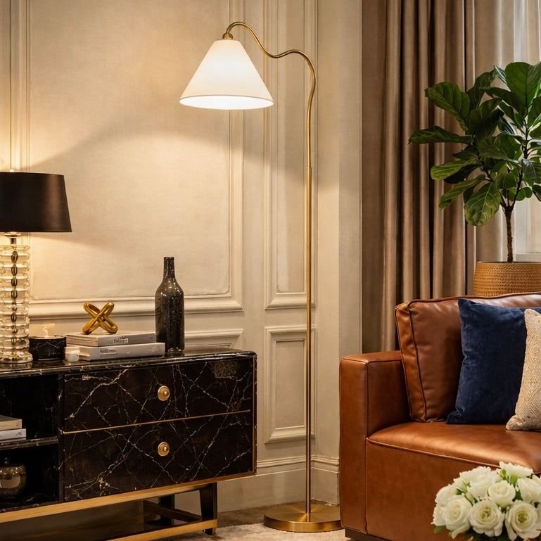 Majestic Brass Ring Base Curved Floor Lamp