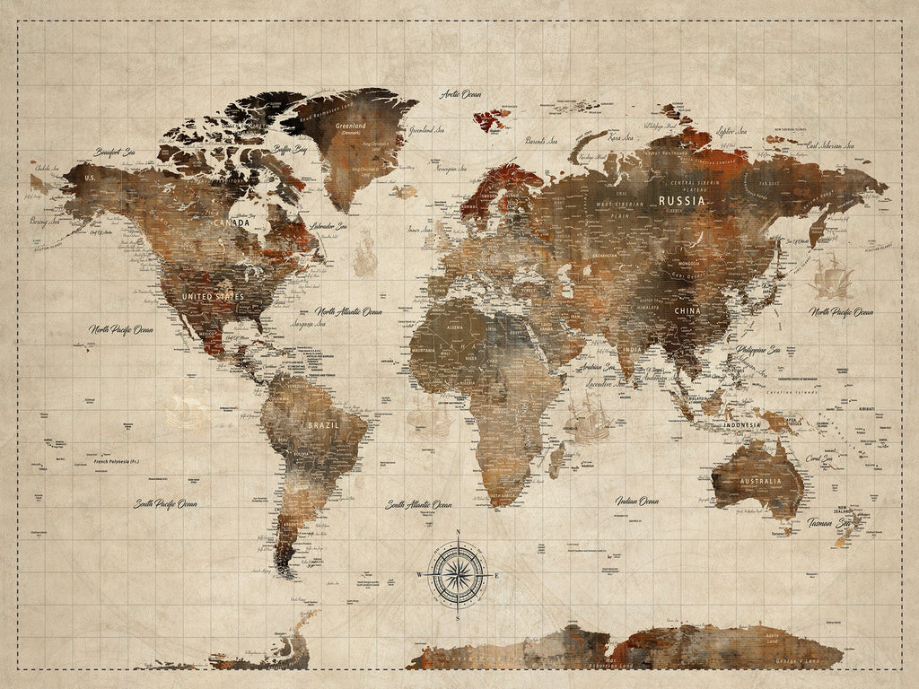 Vibrant Earth Tone World Map Canvas Print | Framed Detailed Map of the World