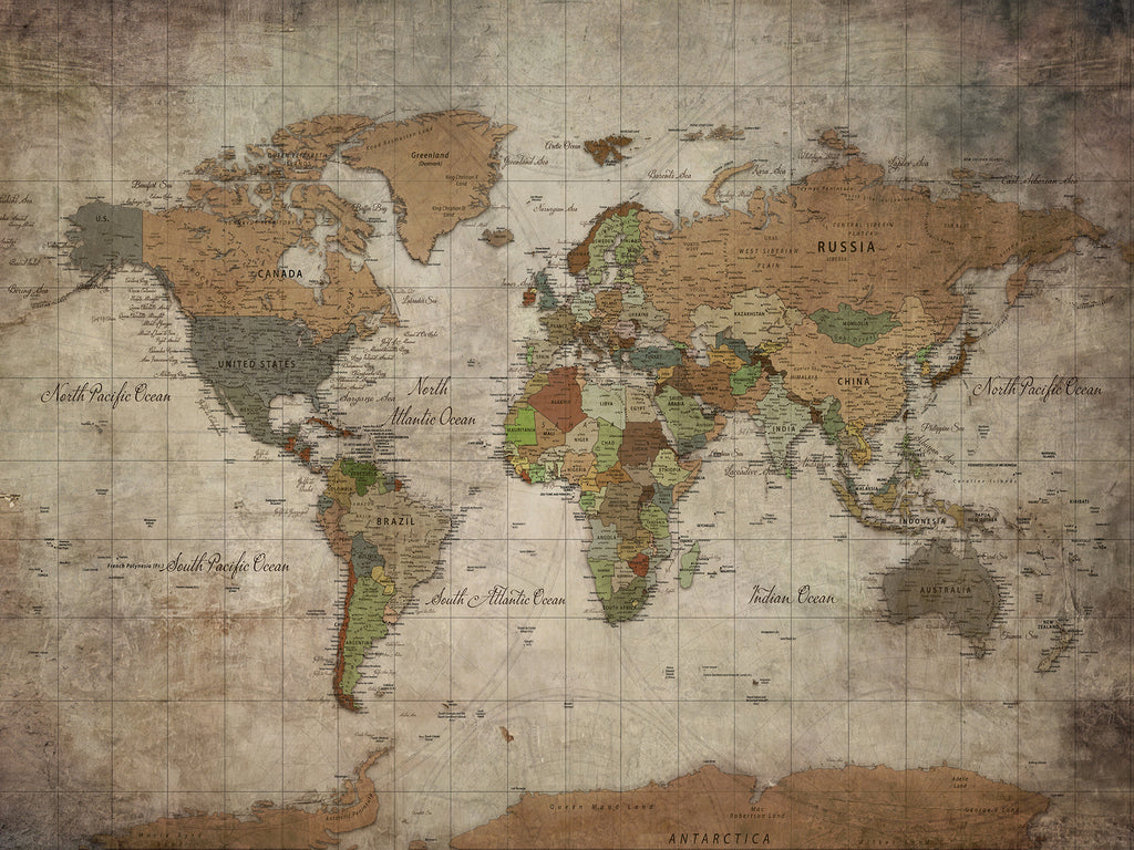 Personalized Beige Geometric World Map Canvas with Push Pins, Next Trip Planner Map, Study and Entryway Decor