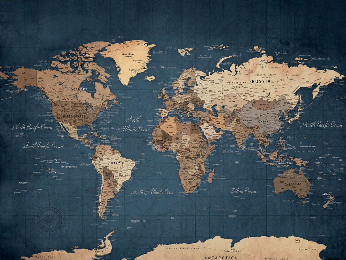 Navy Blue World Map Canvas Print | Framed Travel Map Wall Art