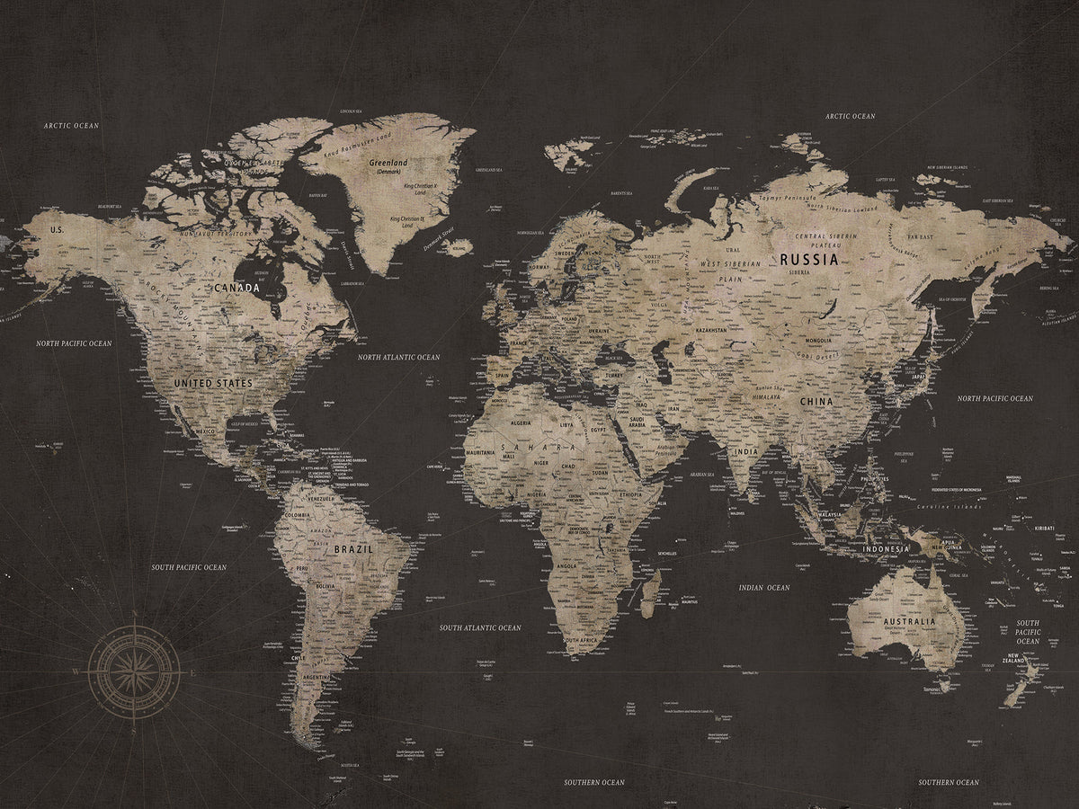 World Map Canvas Wall Art, Dark Charcoal and Antique Tan Detailed Map