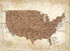 Custom Beige Push Pin USA Map Canvas Print, 50 States Road Trip Tracker, Home Office and Den Decor