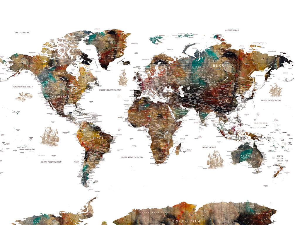 Custom Framed Beige Modern Push Pin World Map Wall Art, Couples Countries Visited Map, Study and Entryway Decor