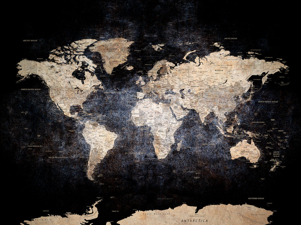 Personalized Beige World Map Canvas with Push Pins, Couples Countries Visited Map, Study and Hallway Decor