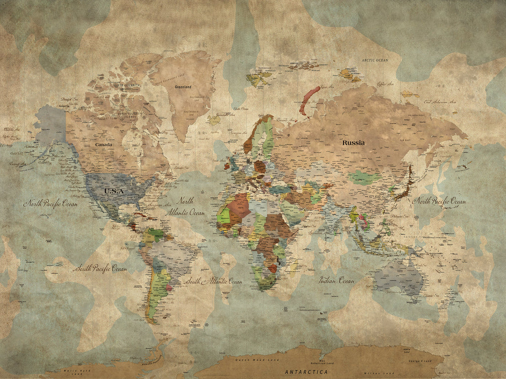 Custom Beige World Travel Map Wall Art with Pins, Bucket List Map, Dining Room and Study Decor