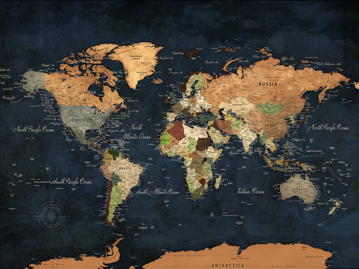 Vintage World Map Canvas Wall Art | Detailed Map with Countries, Oceans and Continents