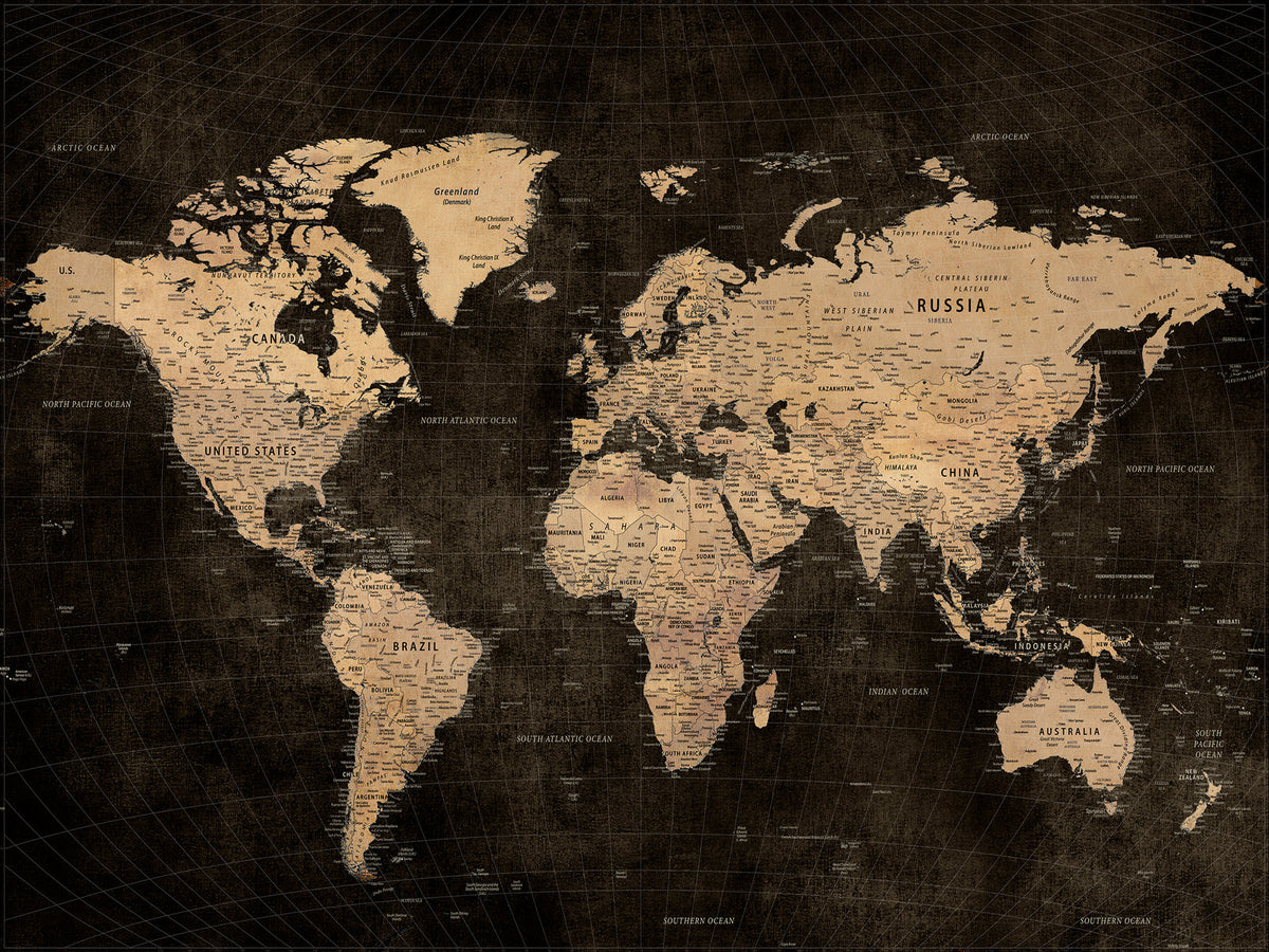 Brown World Map Canvas Print | Modern Travel Map Wall Art