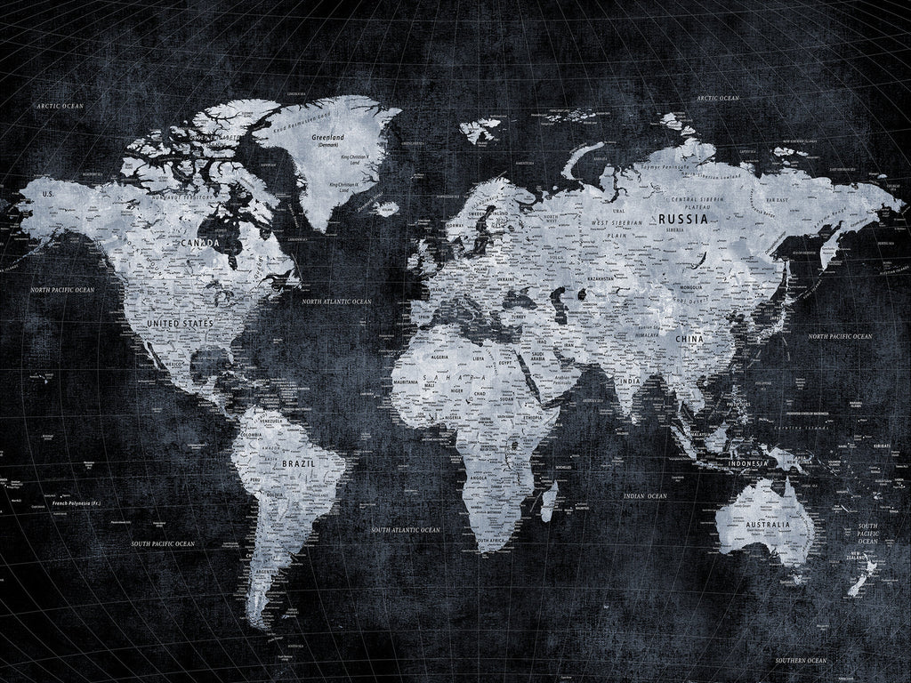 Black World Map Canvas Print | Detailed Map for Couples and Anniversary Gift