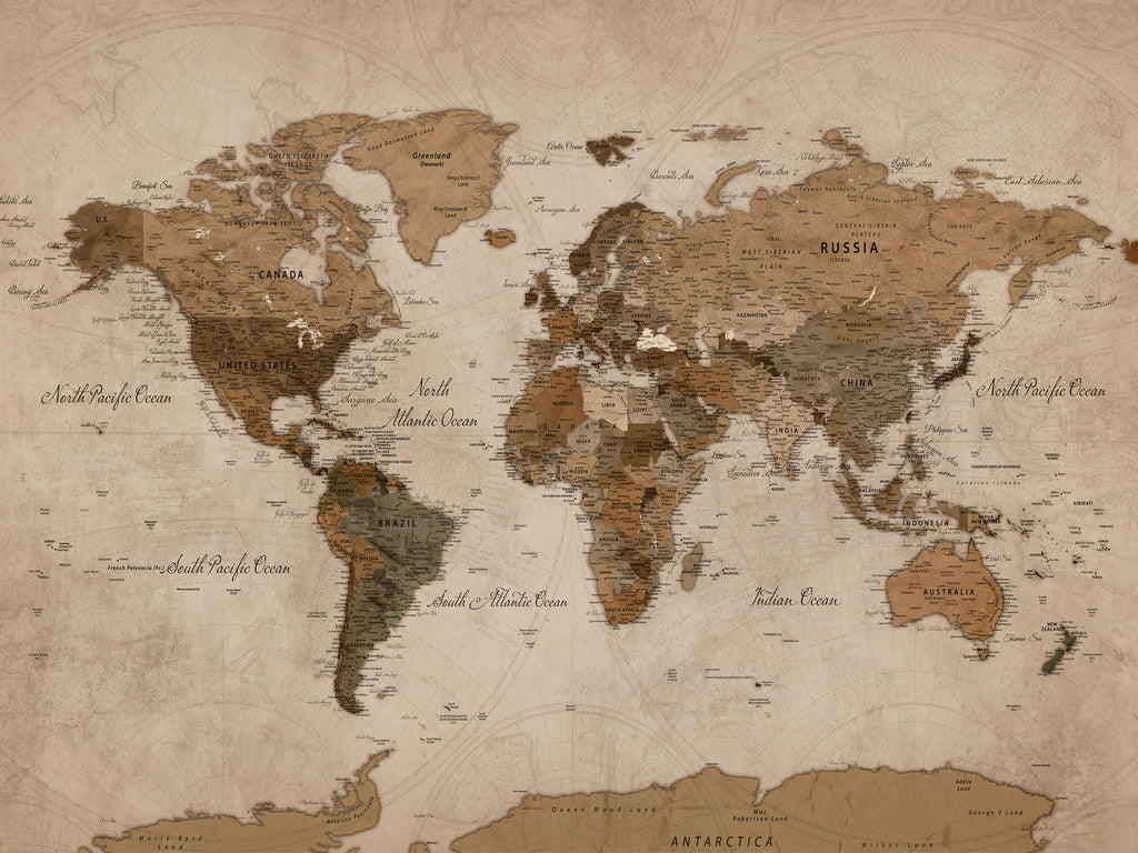 World Map Canvas Wall Art Print, Detailed Global Map Artwork