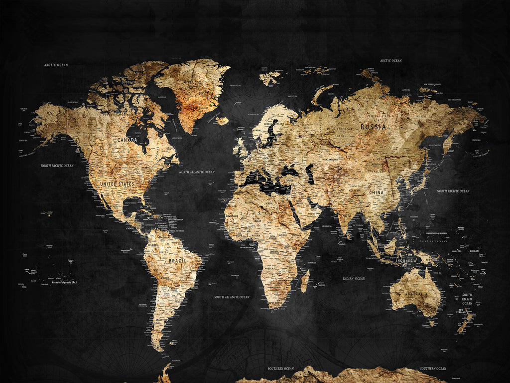 Personalized Framed Black Beige Modern World Travel Map Wall Art with Pins, Bucket List Map, Living Room and Hallway Decor