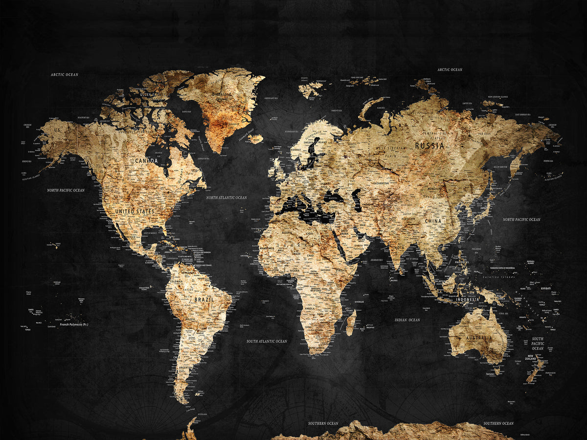 Personalized Framed Black Beige Modern World Travel Map Wall Art with Pins, Bucket List Map, Living Room and Hallway Decor