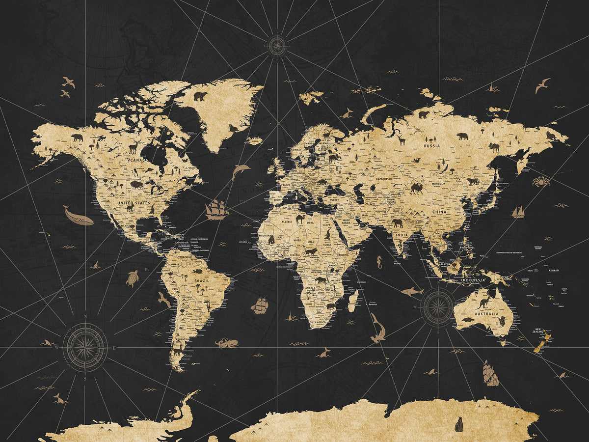 Vintage Blue and Brown World Map Canvas Wall Art | Framed Rustic Map Print
