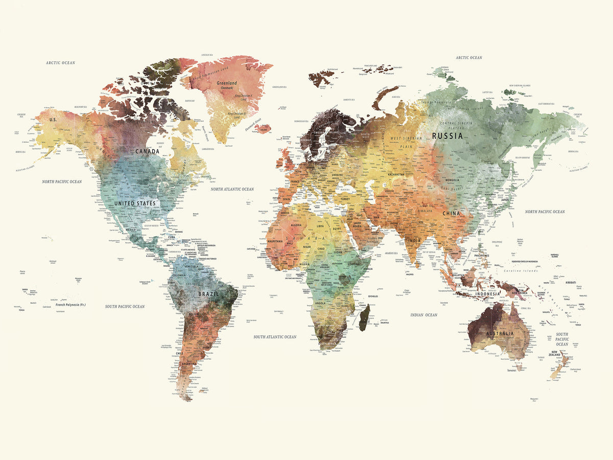 Custom Beige World Map Canvas with Push Pins, Honeymoon and Anniversary Gift, Dining Room and Entryway Decor