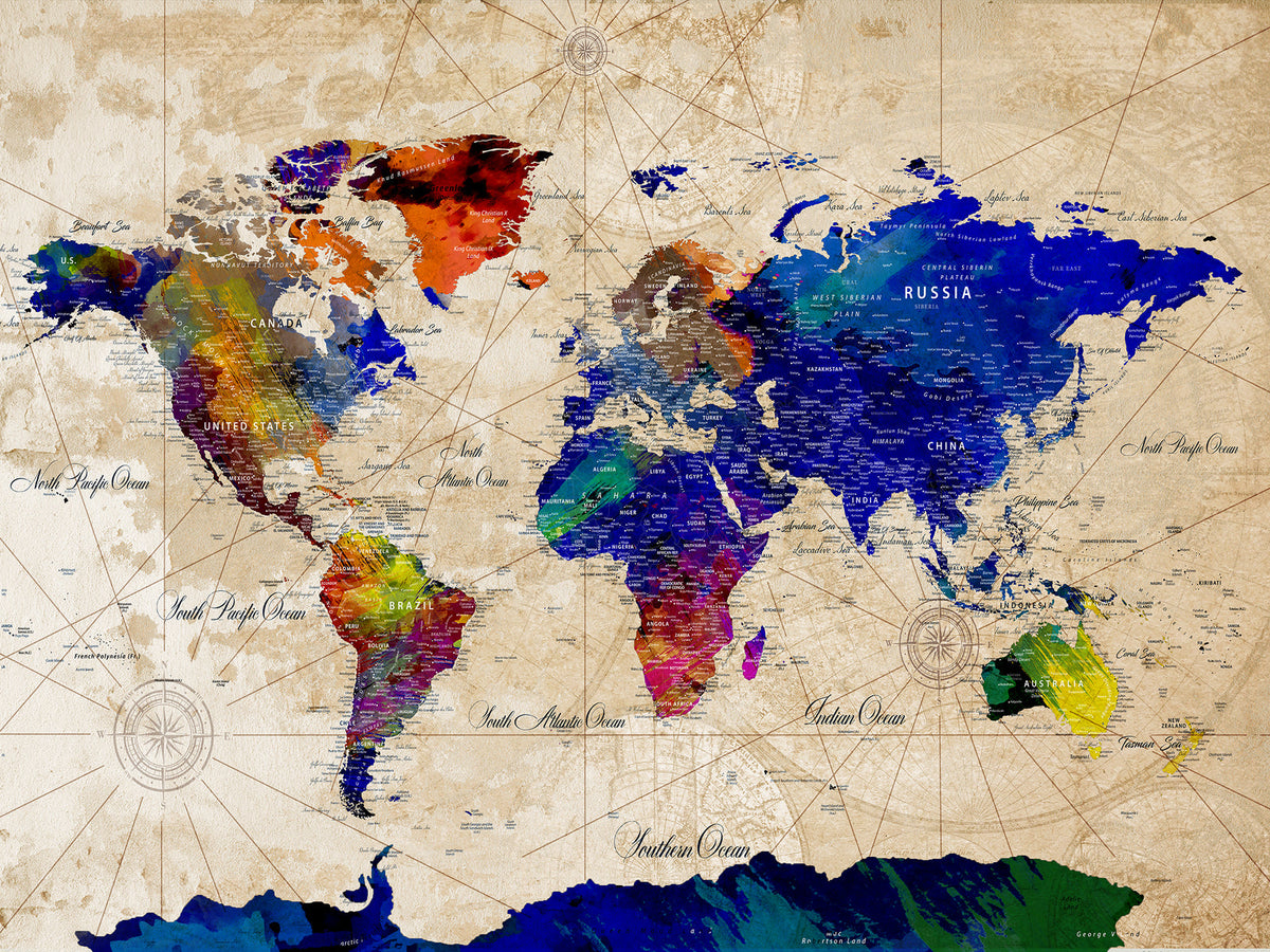 Watercolor World Map Canvas Print | Framed Wall Art for Couples