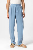Men's Blue High-Waist Pleated Baggy Pants - Wessi