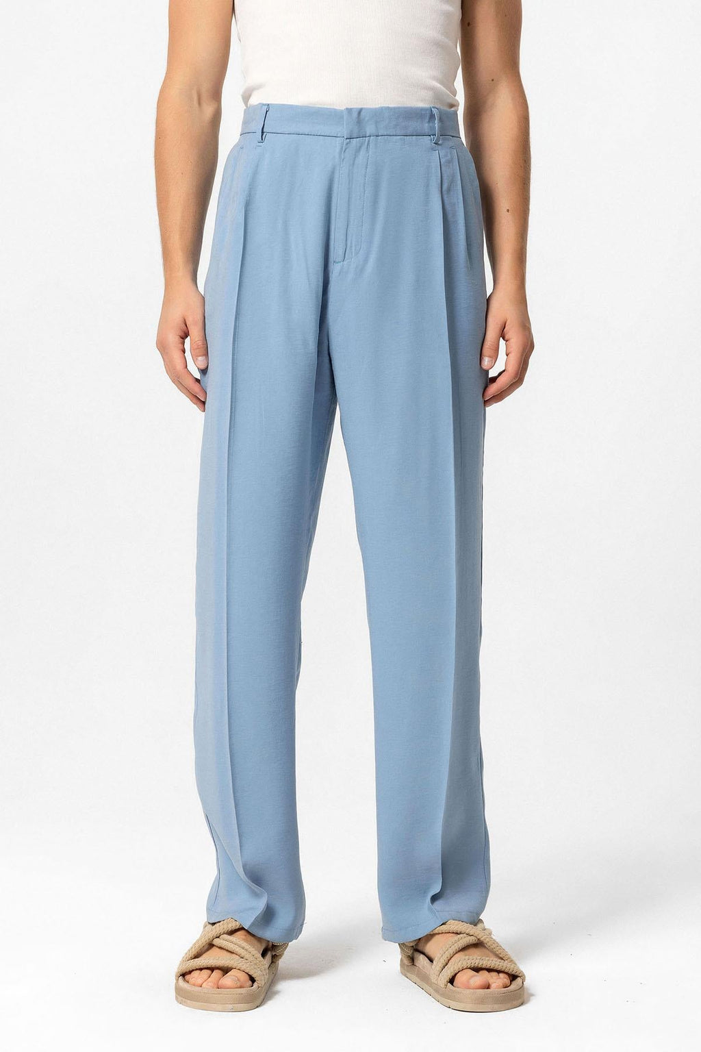 Men's Blue High-Waist Pleated Baggy Pants - Wessi