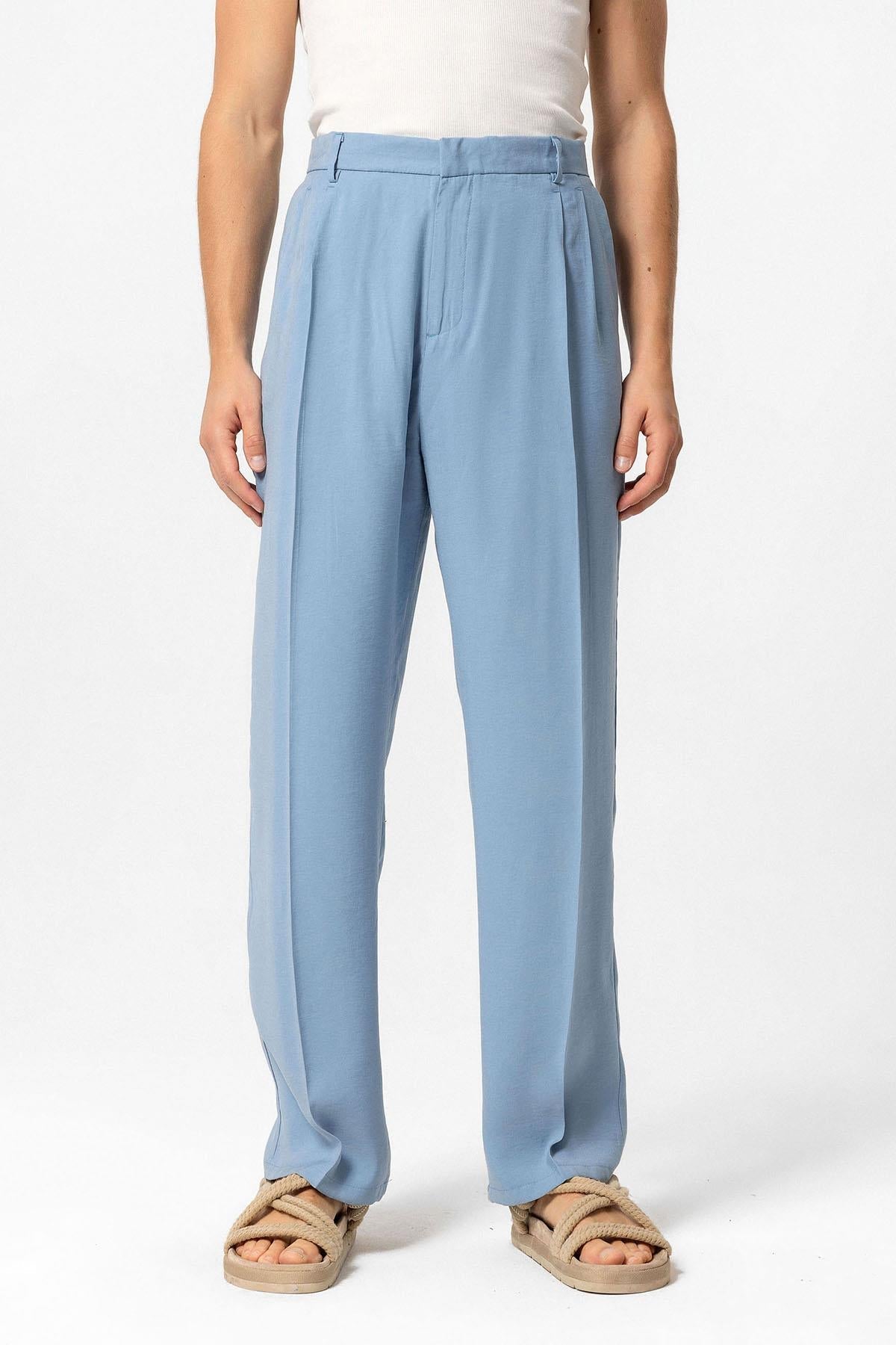 Men's Blue High-Waist Pleated Baggy Pants - Wessi