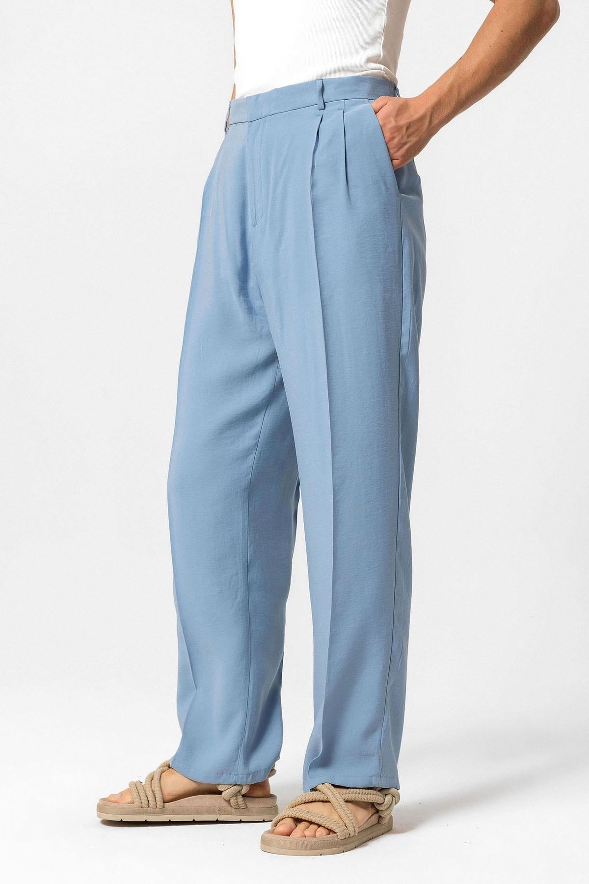 Men's Blue High-Waist Pleated Baggy Pants - Wessi