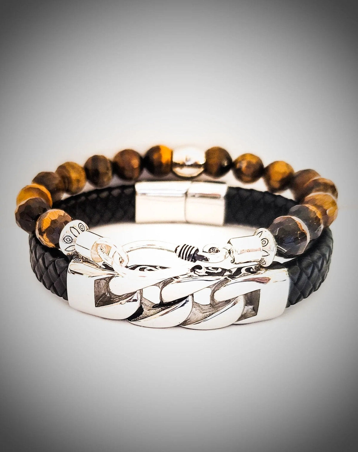 Men's Tiger Eye and Leather Bracelet Set