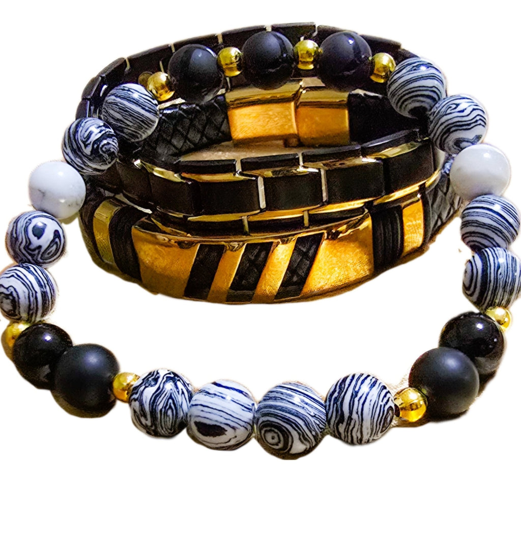 Men's White Malachite and Onyx 3pc. Bracelet set