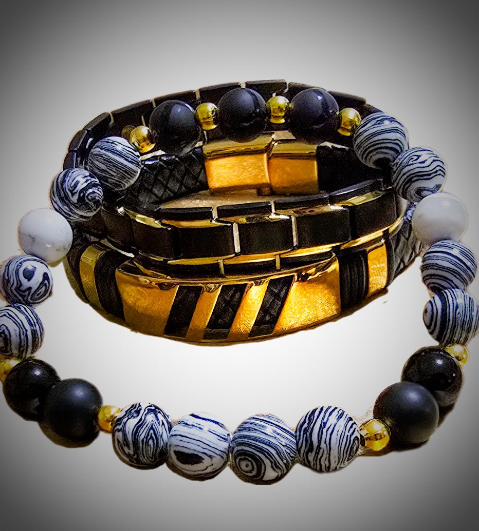Men's White Malachite and Onyx 3pc. Bracelet set