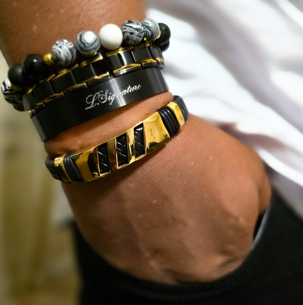 Men's White Malachite and Onyx 3pc. Bracelet set