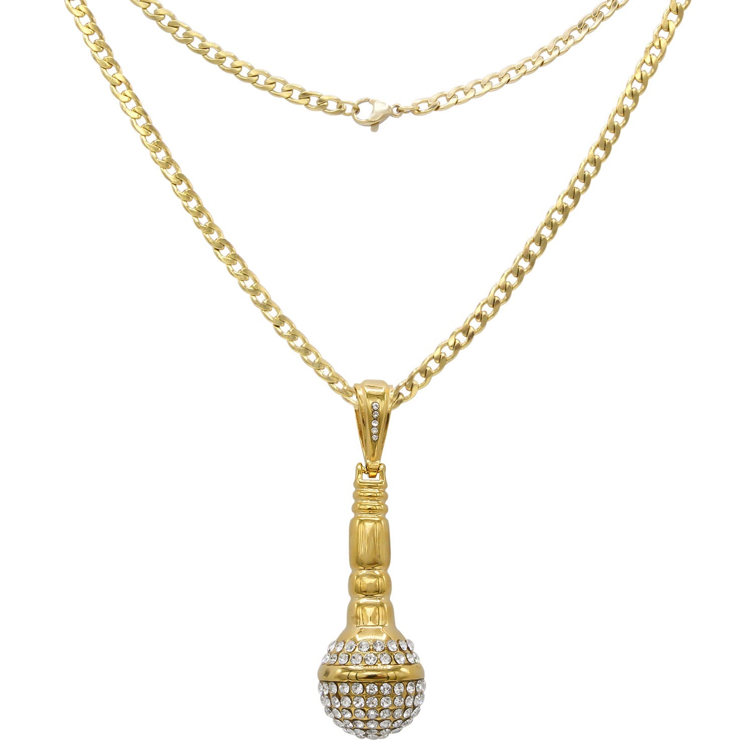Microphone Cubic Zirconia Pendant with Necklace Set 14K Gold Plated Stainless Steel