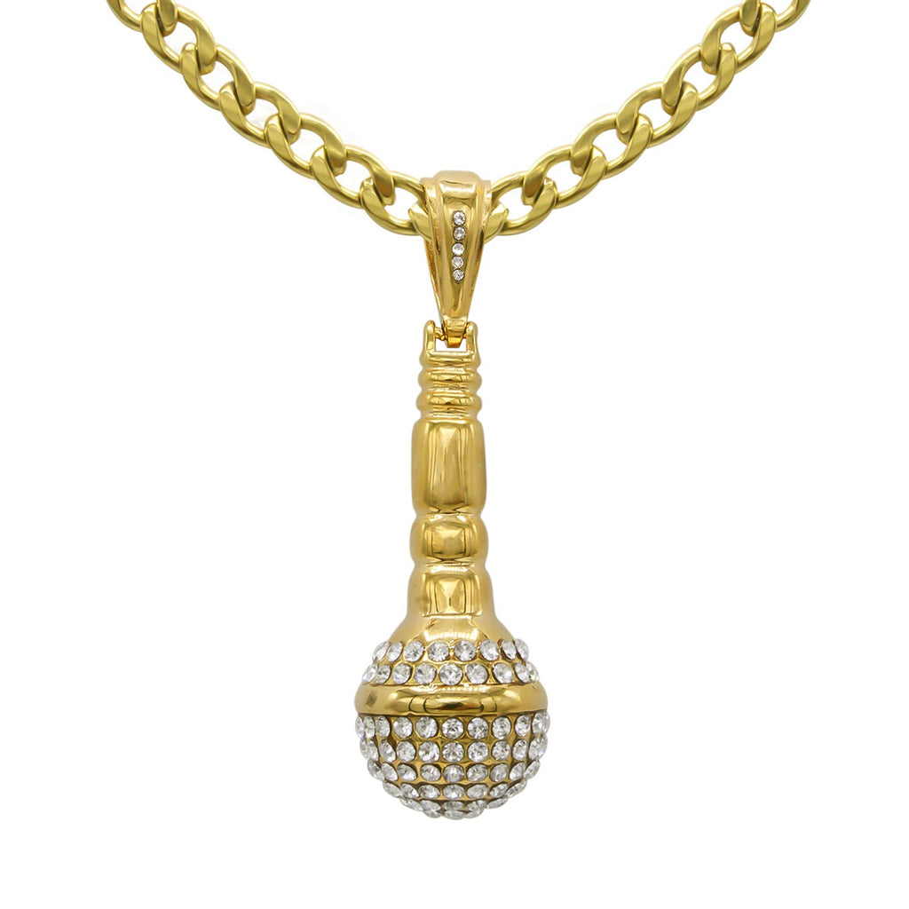 Microphone Cubic Zirconia Pendant with Necklace Set 14K Gold Plated Stainless Steel