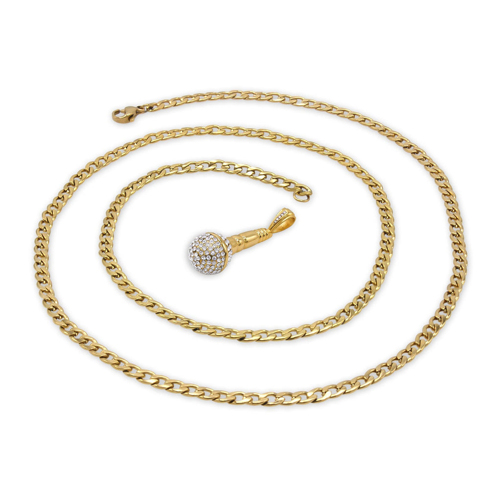 Microphone Cubic Zirconia Pendant with Necklace Set 14K Gold Plated Stainless Steel