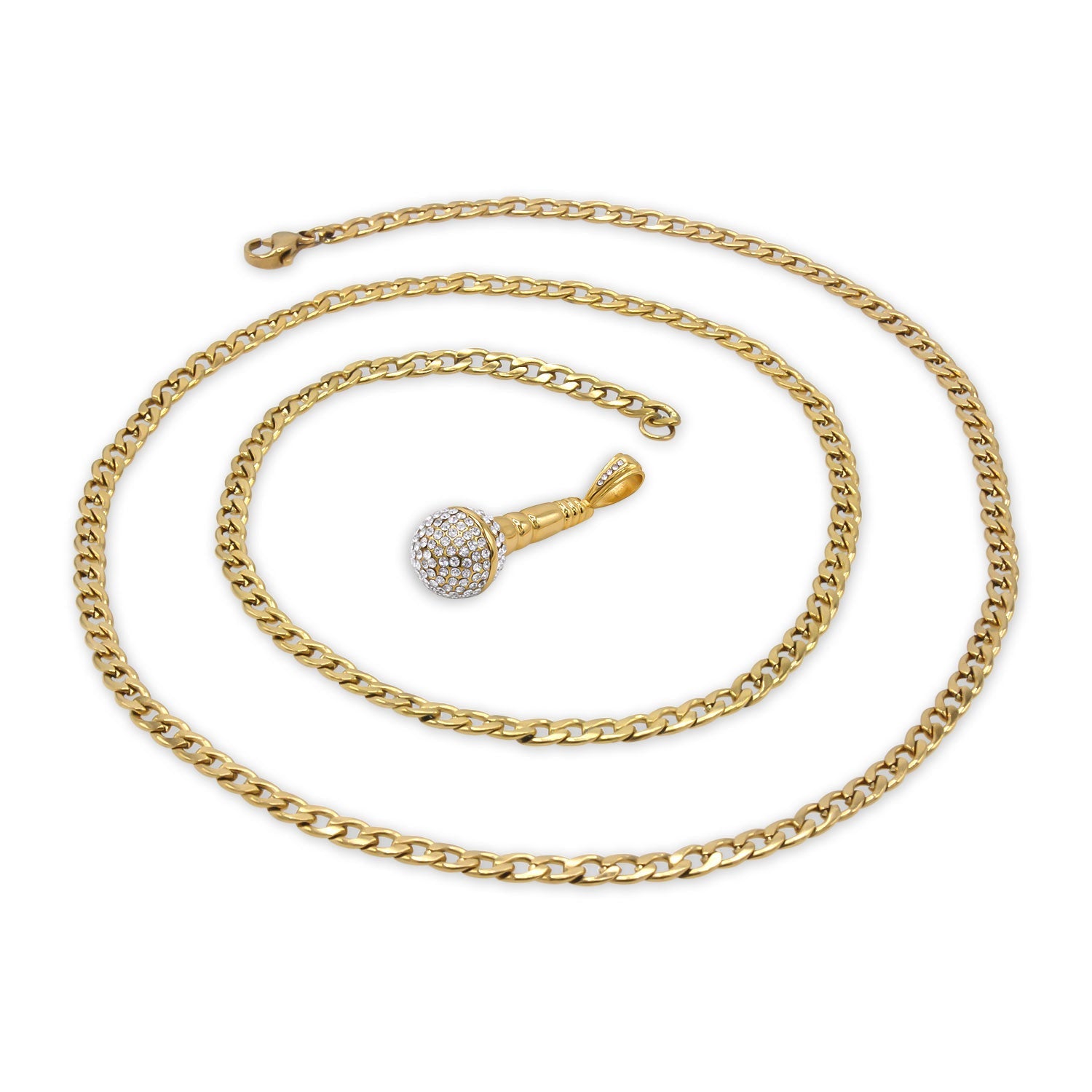 Microphone Cubic Zirconia Pendant with Necklace Set 14K Gold Plated Stainless Steel