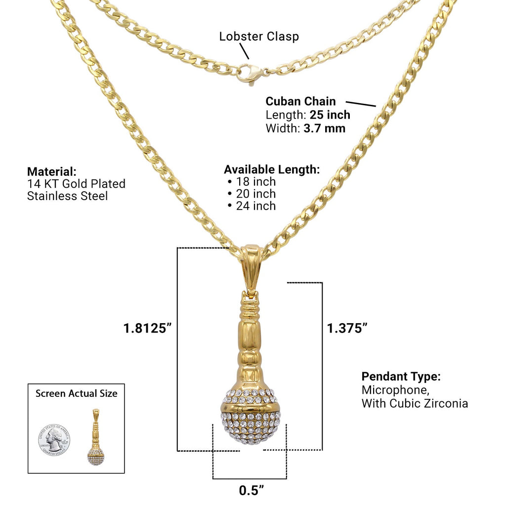 Microphone Cubic Zirconia Pendant with Necklace Set 14K Gold Plated Stainless Steel