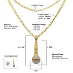 Microphone Cubic Zirconia Pendant with Necklace Set 14K Gold Plated Stainless Steel